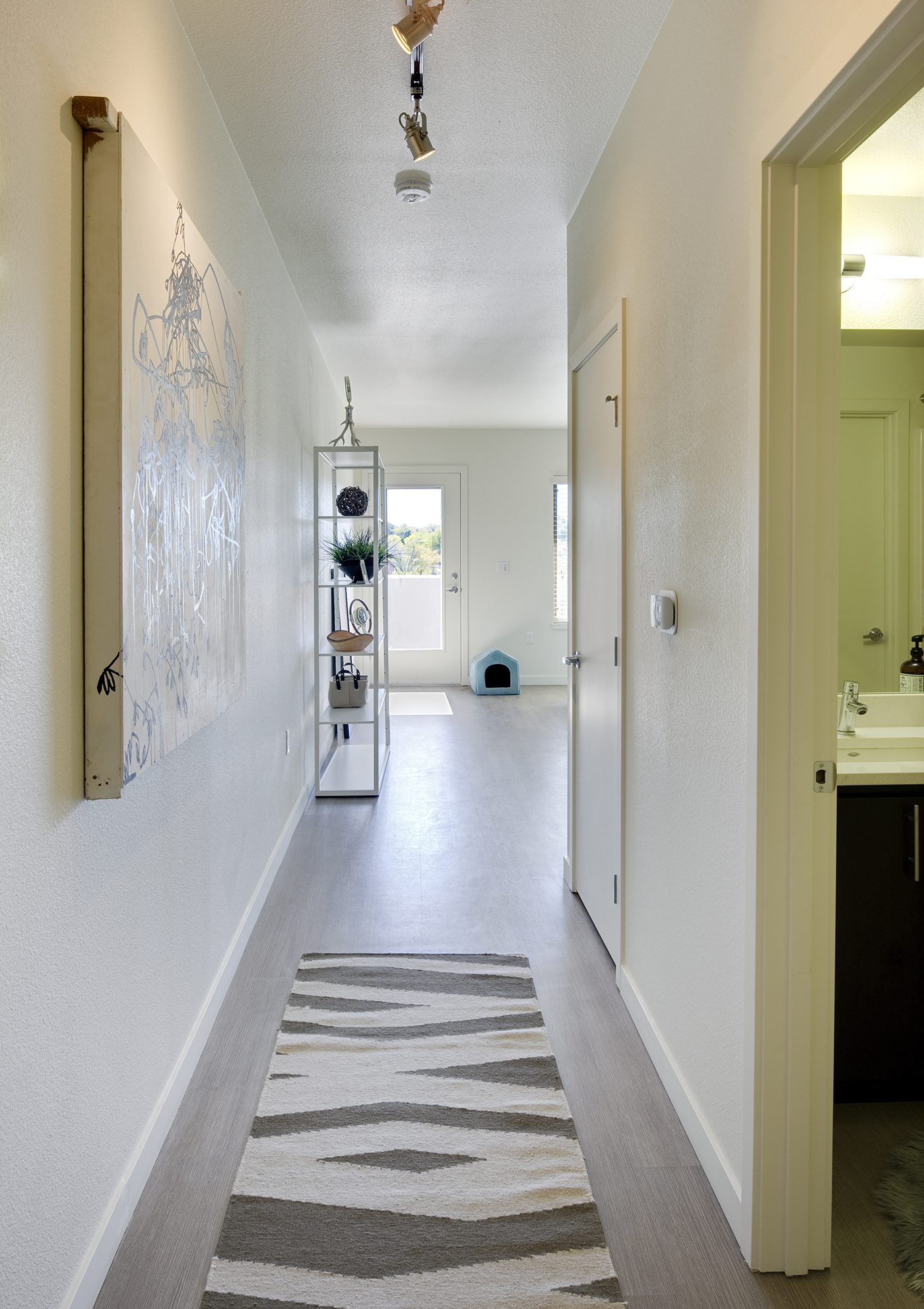Apartment hallway with wood flooring